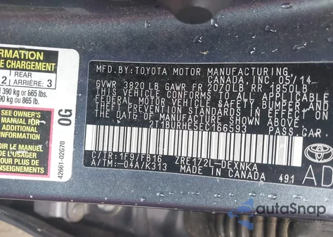 2014 Toyota Corolla Le from USA, damaged, VIN 2T1BURHE5EC166593